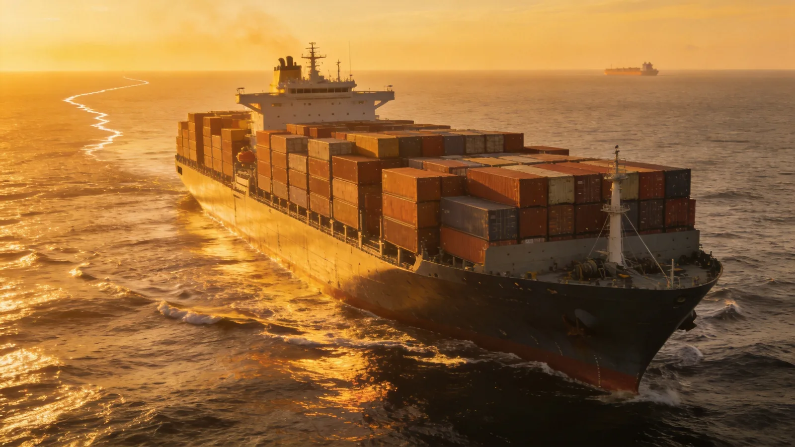 Container ship sailing on the open ocean toward the Gulf at golden hour