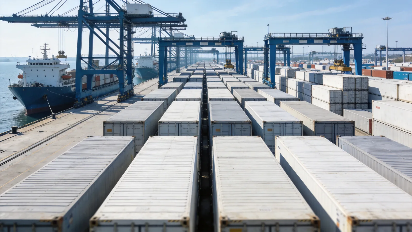 Container terminal quay with gantry cranes and berthed container vessels