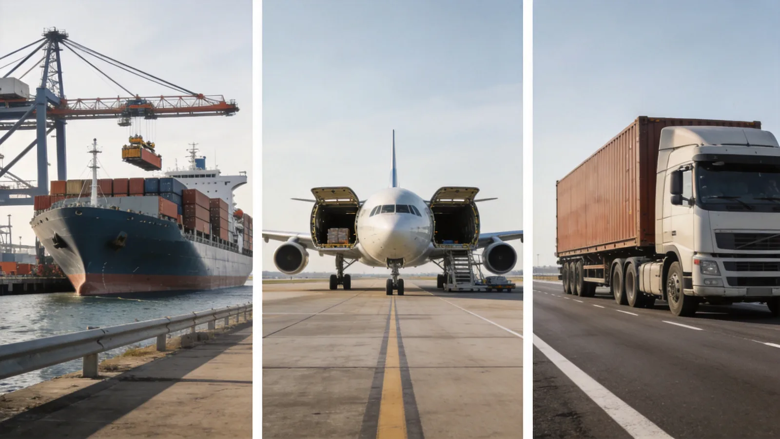 Container ship, cargo aircraft and container truck — multimodal freight transport