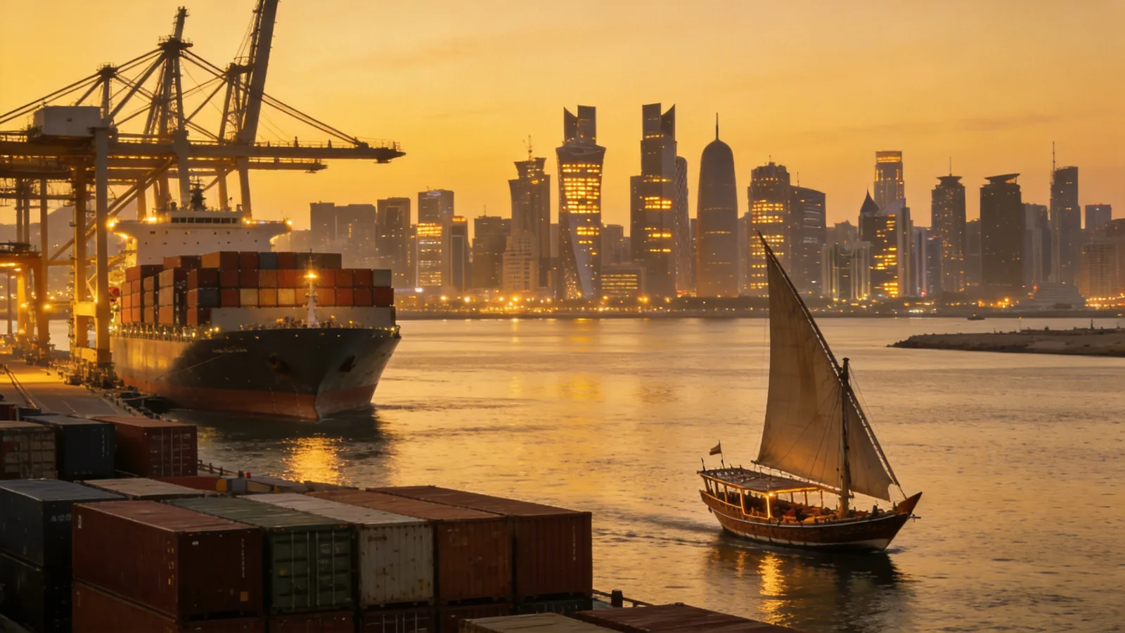 Arabian Gulf port city skyline at dusk with a container terminal and a traditional dhow