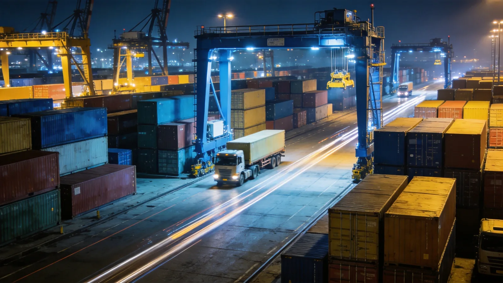 Illuminated container port at night with gantry cranes and stacked containers