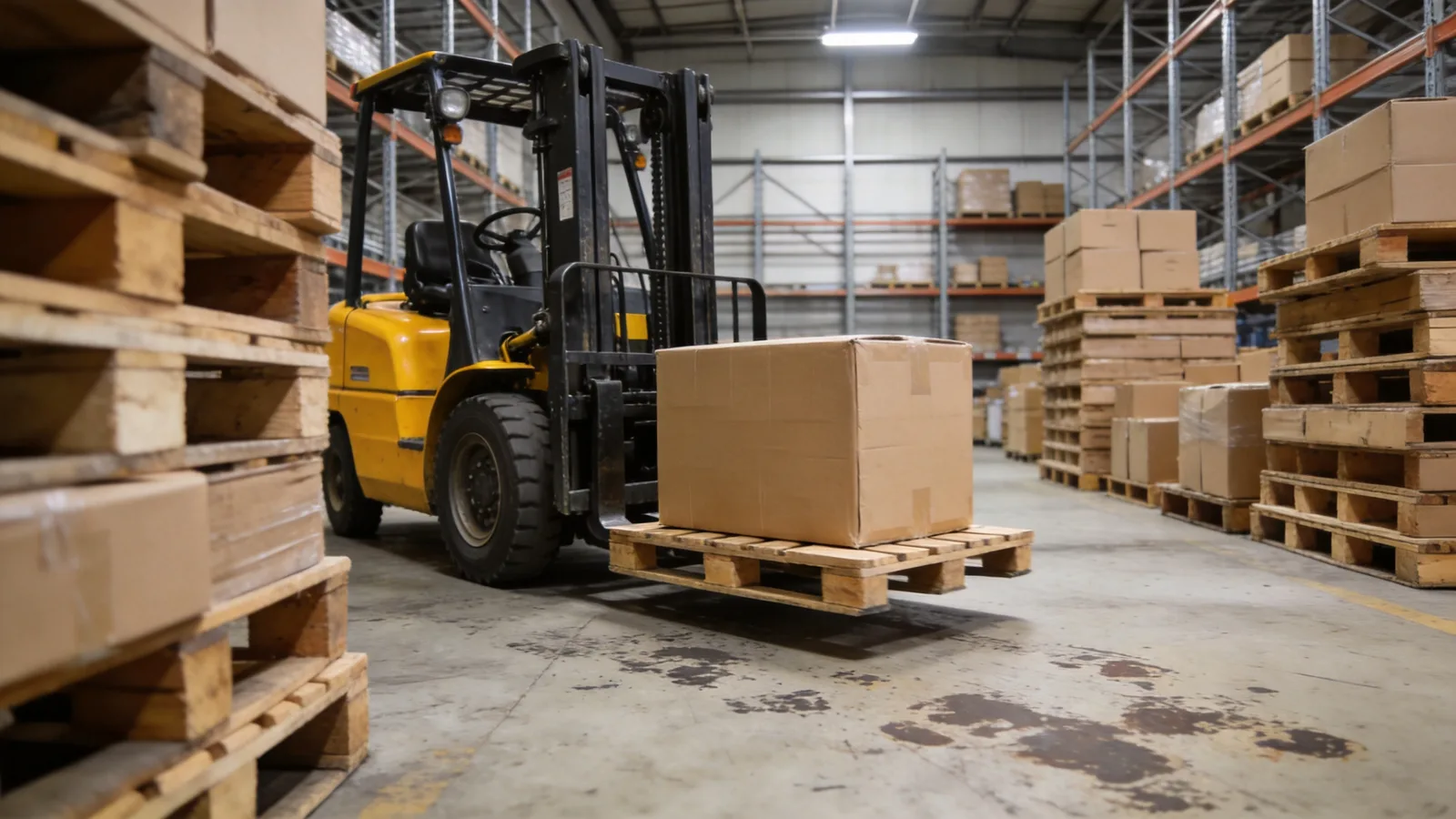 Freight logistics warehouse with a forklift loading pallets