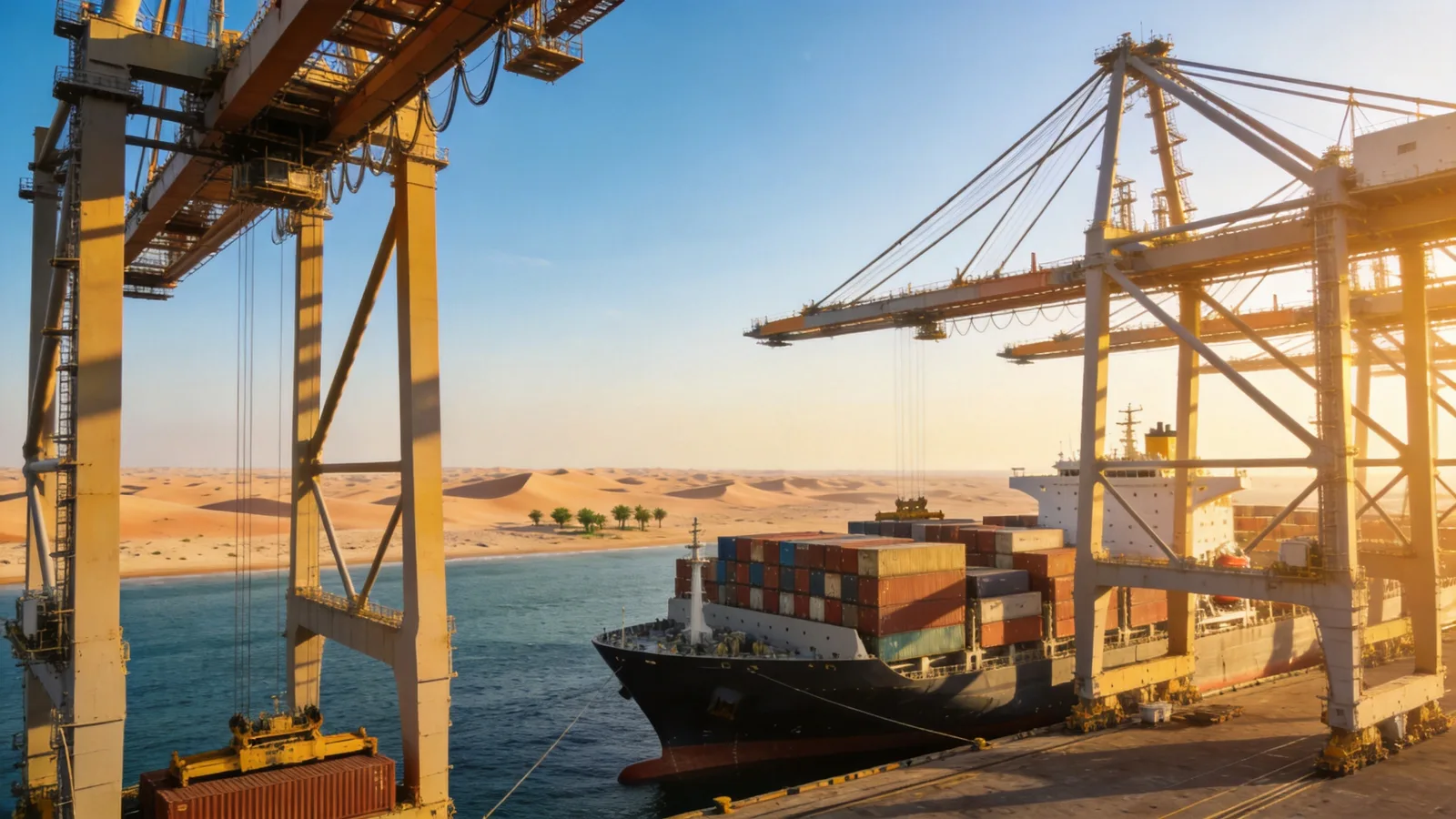 Modern container port on the Arabian Gulf coastline with desert landscape behind
